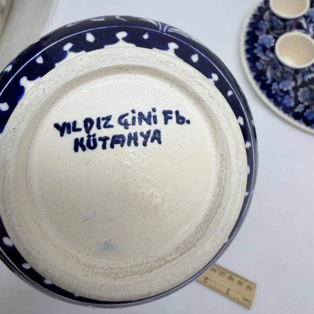 Kutahya Turkish Ceramic Decanter Set 8pc Blue White Floral Yildiz Cini Fb